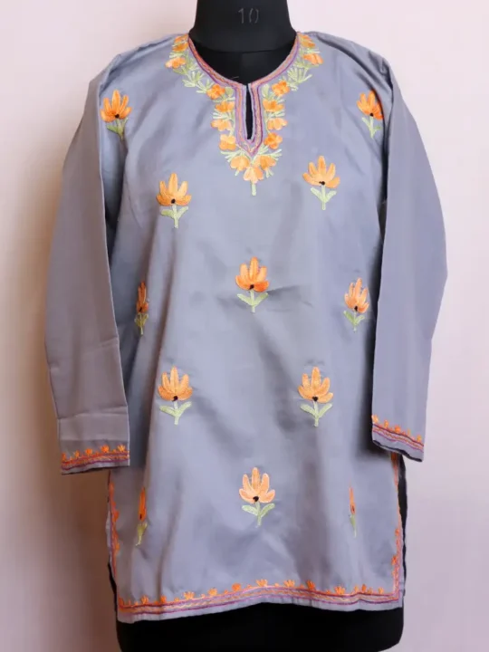 Simple and Elegant Grey Kashmiri Aari Work Short Kurti in Summer Cool Fabric - Baghmehtab Collection