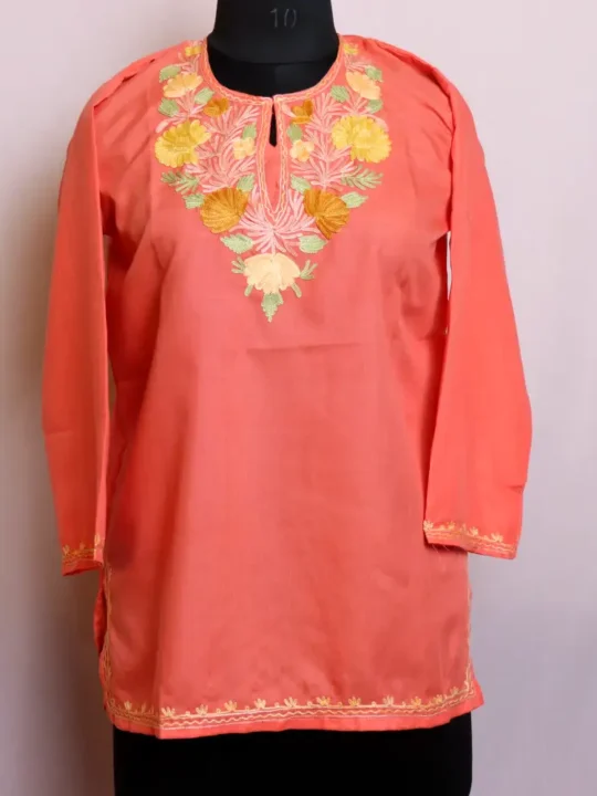 Peach Color Airy Kashmiri Embroidered Short Kurti for Everyday Comfort - Baghmehtab Collection