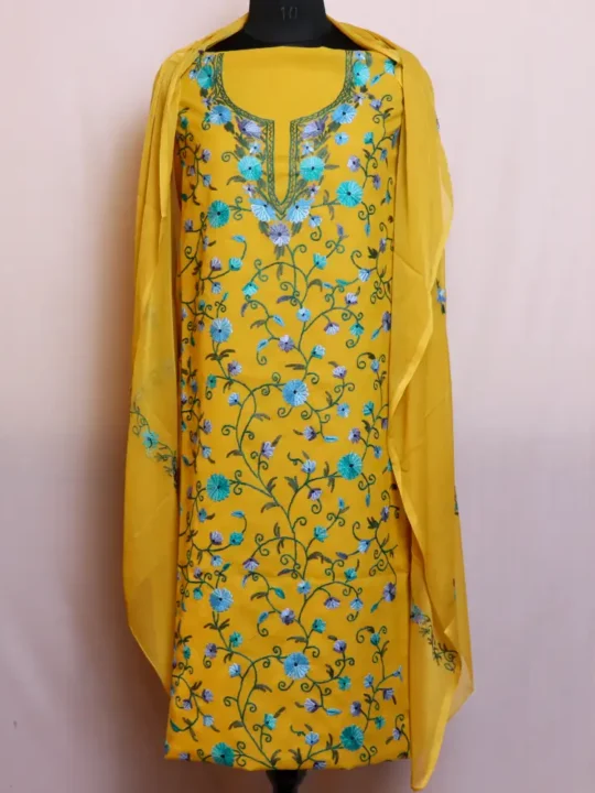Kashmiri 3 Pc Yellow Summer Cool Suit With Dupatta | All Over Jaal Hand Aari embroidery - Nowhatta Collection