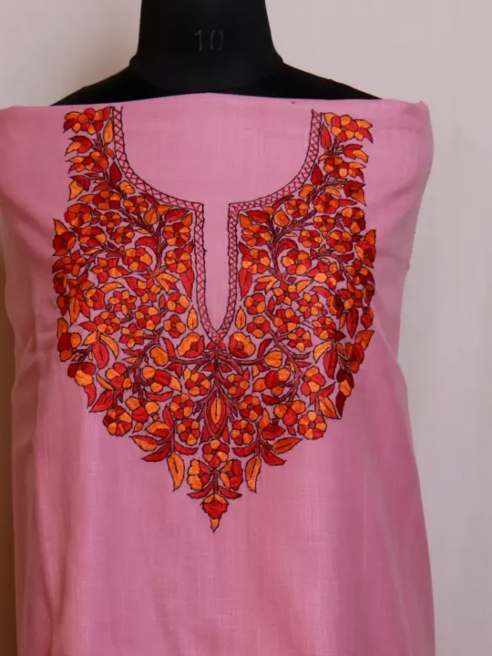 Stylish Light Pink Kashmiri Cotton 2 Pc Suit with Hand Sozni & Paper Machie Embroidery