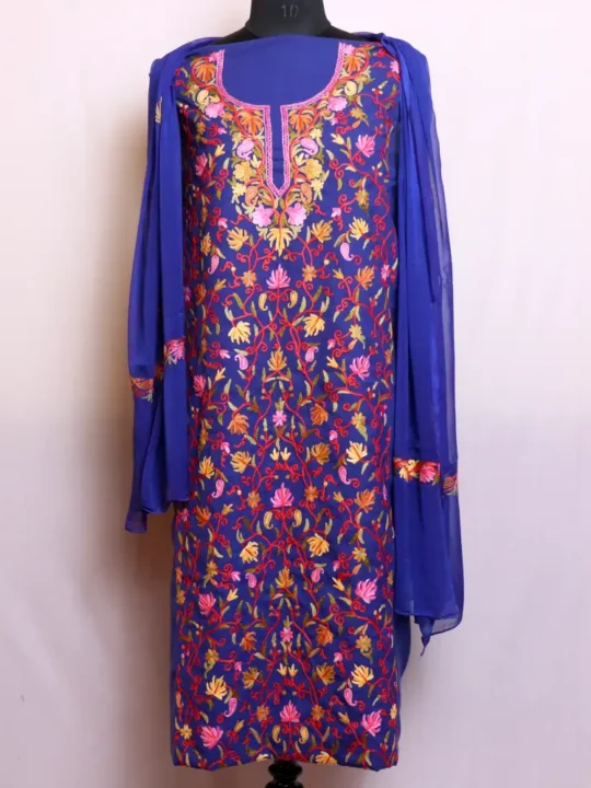 Summer Cool Kashmiri 3 Pc Dark Blue Suit with With Dupatta | All Over Jaal Hand Aari embroidery - Nowhatta Collection