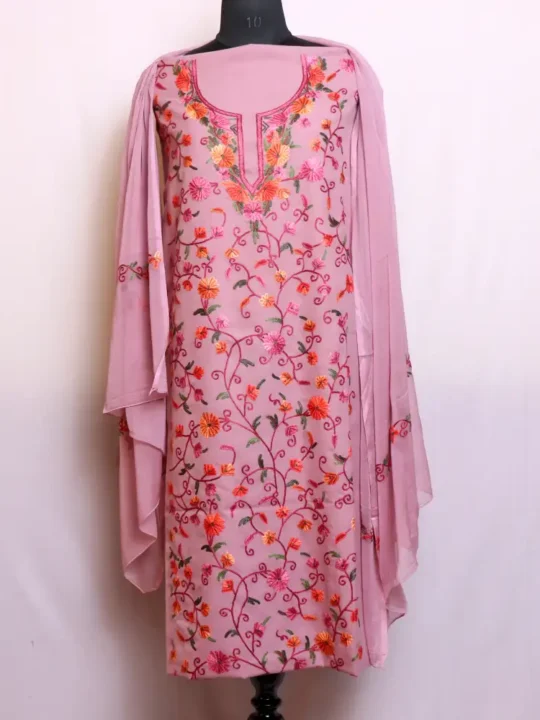 Chic Kashmiri 3 Pc Summer Cool Pinkish Suit With Dupatta | All Over Jaal Hand Aari embroidery - Nowhatta Collection