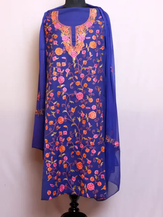 Kashmiri 3 Pc Summer Cool Royal Blue Suit With Dupatta | All Over Jaal Hand Aari embroidery - Nowhatta Collection