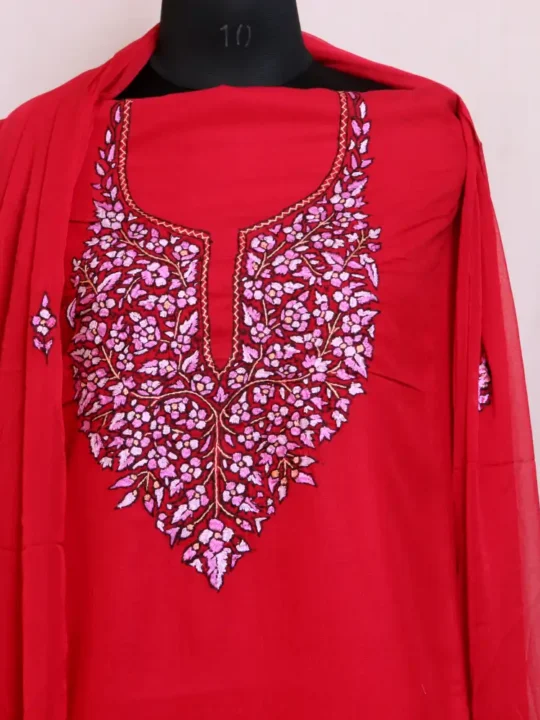 Red 3PC Summer Cool Suit With Dupatta | Hand sozni Paper machie embroidery - Nowhatta Collection