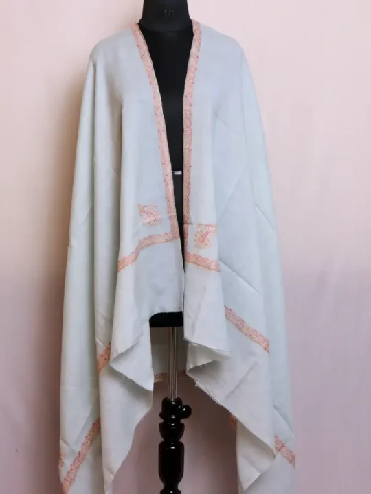 Kashmiri Tea Green Women Shawl in Semi Pashmina with Hand Sozni Embroidery - Barzul Collection