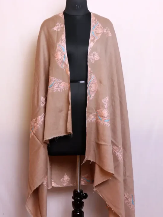 Elegant Beige Kashmiri Women Shawl in Toosha Fabric with Hand Sozni Work - Barzul Collection