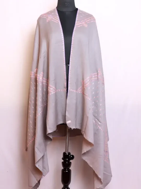 Kashmiri Grey Women Shawl in Semi Pashmina with Intricate Hand Sozni Embroidery - Barzul Collection