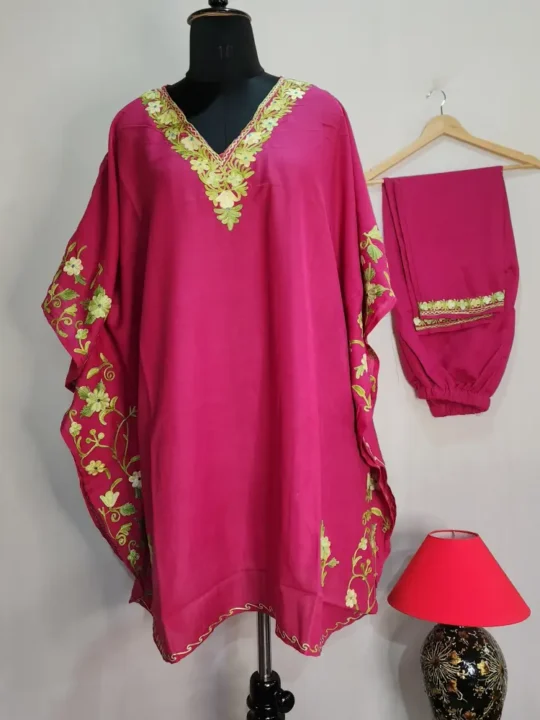 Lightweight Pink Summer Cool Kashmiri Side Panel Kaftan Set with Aari Embroidery - Nowhatta Collection