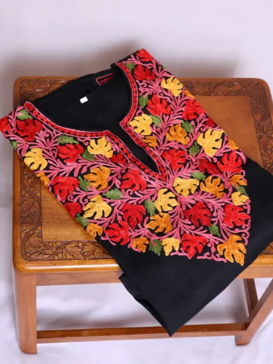 Elegant Black Kashmiri Cotton Kurti Dress with Aari Embroidery - Zikar Collection