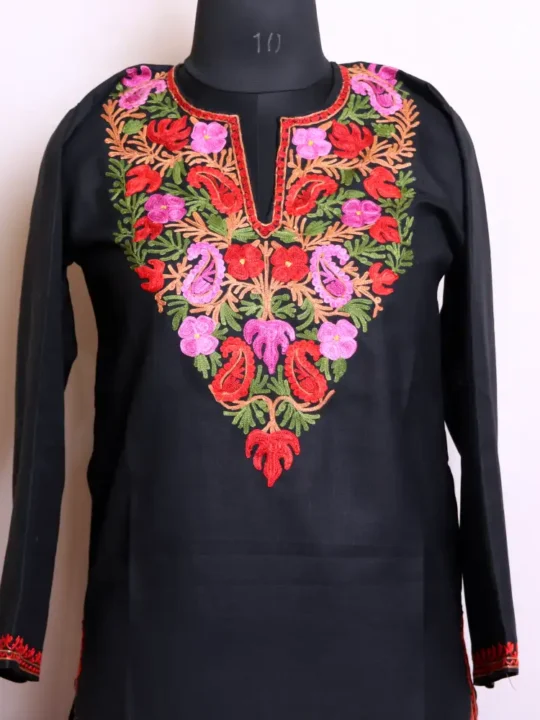 Beautiful Black Kashmiri Aari Embroidered Cotton Kurti Dress - Zikar Collection