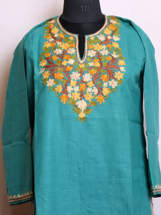 Soft Aqua Blue Cotton Kashmiri Kurti Dress with Classic Aari Embroidery - Zikar Collection