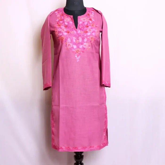 Lightweight Cotton Kashmiri Pink Kurti Dress with Graceful Aari Work - Zikar Collection - Image 2