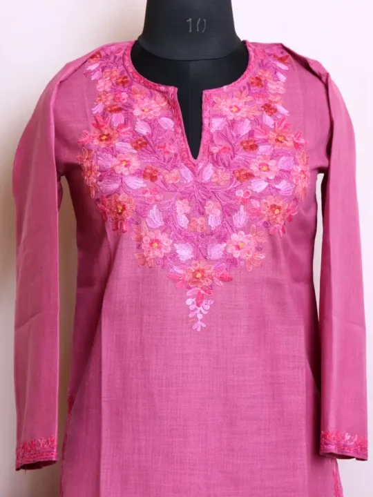 Lightweight Cotton Kashmiri Pink Kurti Dress with Graceful Aari Work - Zikar Collection