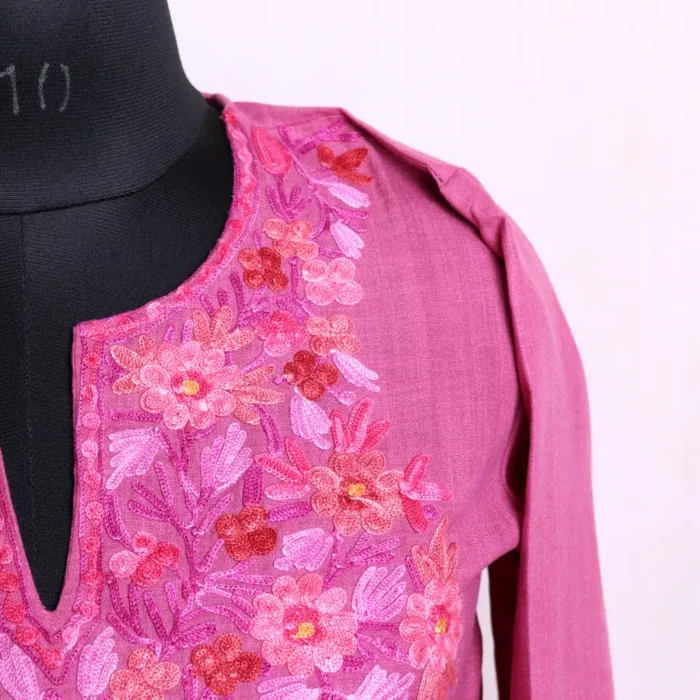 Lightweight Cotton Kashmiri Pink Kurti Dress with Graceful Aari Work - Zikar Collection - Image 3