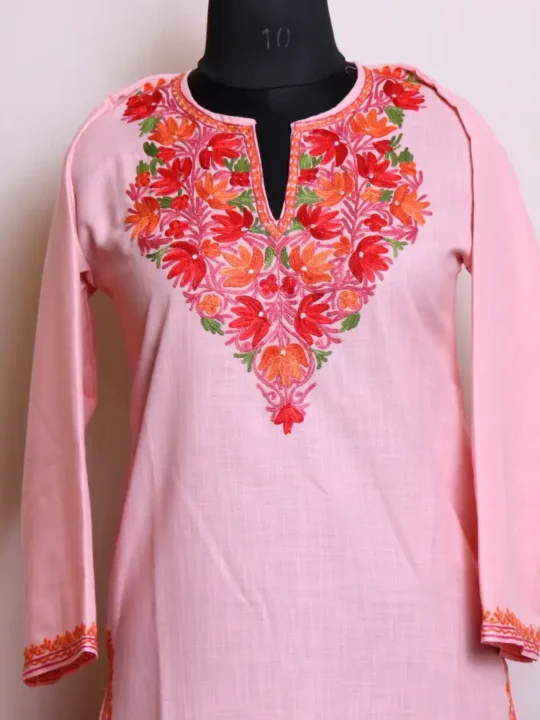 Breathable Cotton Kashmiri Pink Color Kurti Dress with Elegant Aari Embroidery - Zikar Collection