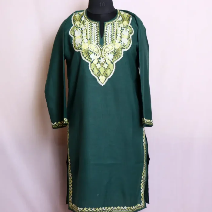 Trendy Kashmiri Dark Green Kurti Dress in Cotton with Aari Detailing - Zikar Collection - Image 2