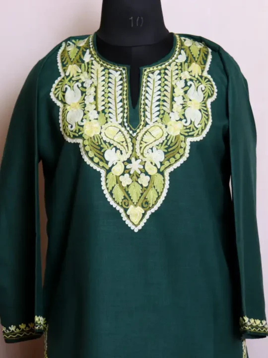 Trendy Kashmiri Dark Green Kurti Dress in Cotton with Aari Detailing - Zikar Collection