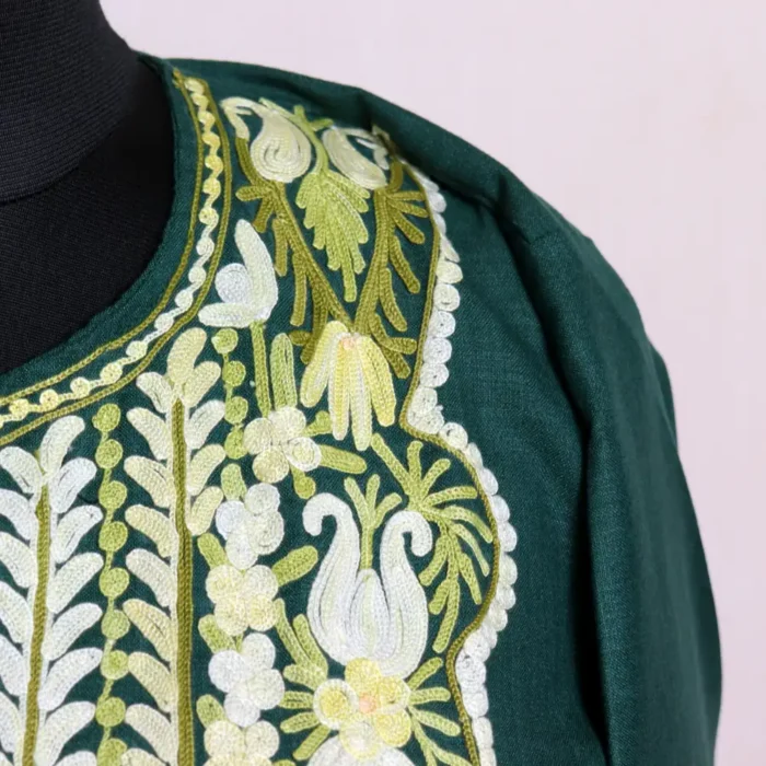 Trendy Kashmiri Dark Green Kurti Dress in Cotton with Aari Detailing - Zikar Collection - Image 3