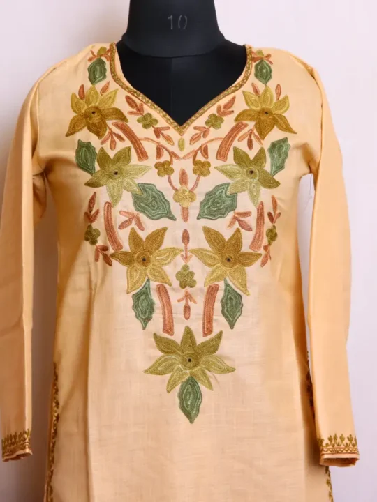 All-Day Comfort Beige Cotton Kashmiri Kurti Dress with Aari Work - Zikar Collection