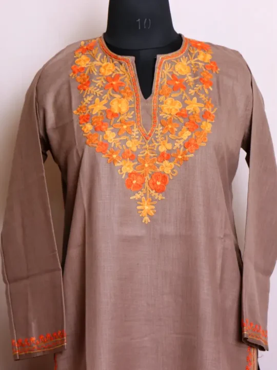 Simple and Elegant Kashmiri Beige Cotton Kurti Dress with Aari Embroidery - Zikar Collection