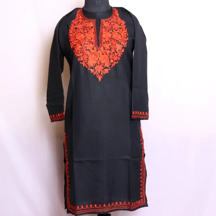 Traditional Kashmiri Black Cotton Kurti Dress with Delicate Aari Work - Zikar Collection - Image 2