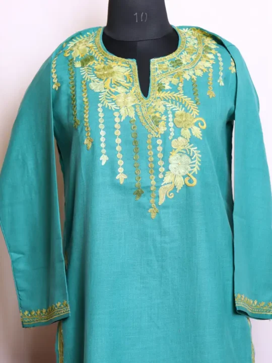 Everyday Wear Kashmiri Aari Embroidered Teal Blue Cotton Kurti Dress - Zikar Collection