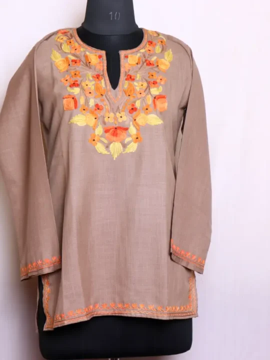 Stylish Beige Cotton Kashmiri Short Kurti Dress with Classic Aari Work - Zikar collection