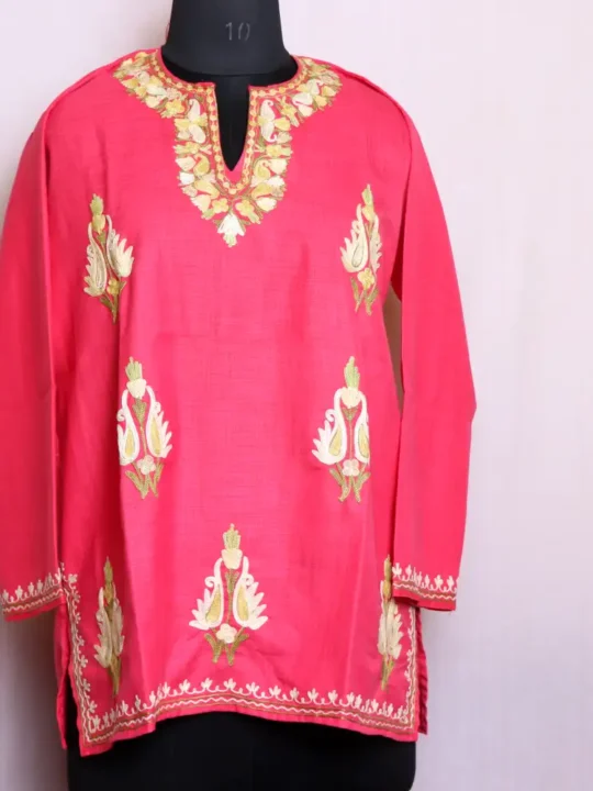 Beautiful Aari Embroidered Hot Pink Cotton Kashmiri Short Kurti Dress - Zikar collection