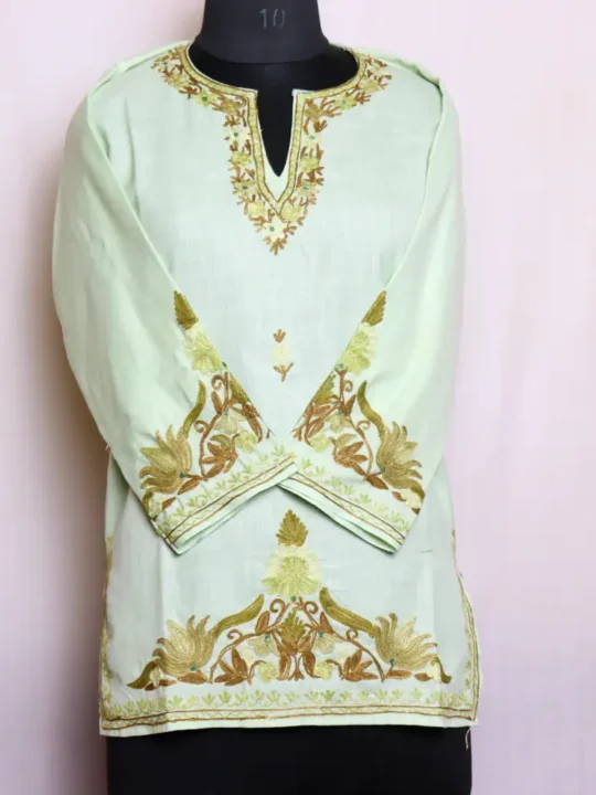 Soft Cotton Kashmiri Pale Green Short Kurti Dress with Delicate Aari Embroidery - Zikar collection