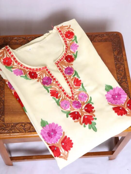 Trendy Cream Color Kashmiri Short Kurti Dress in Cotton with Fine Aari Embroidery - Zikar Collection