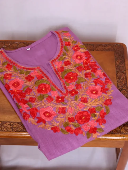 Breathable Purple Cotton Kashmiri Short Kurti Dress with Aari Detailing - Zikar Collection