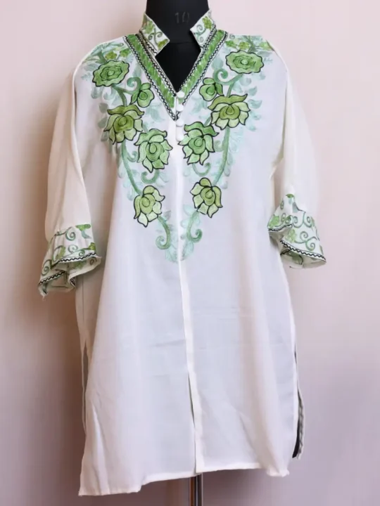 Elegant White Golaab Naal Short Kurta with Ballon Sleeves in Summer Cool & Aari Embroidery | Dalgate Collection