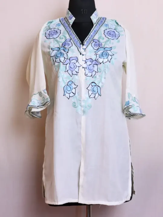 Beautiful Aari Embroidered Golaab Naal White Short Kurta Balloon Sleeves – Summer Cool Fabric | Dalgate Collection