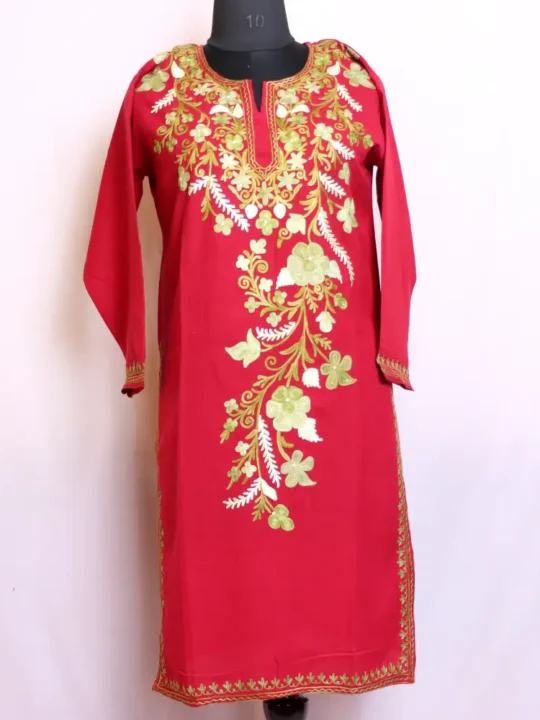 Beautiful Aari Embroidered Maroon Color Big Neck Boothidar Long Kurta – Summer Cool Fabric | Dalgate Collection
