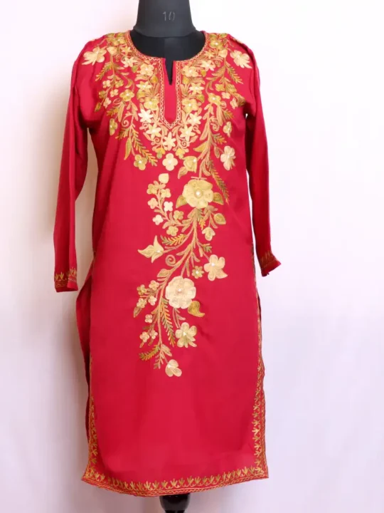 Beautiful Aari Embroidered Maroon Color Big Neck Boothidar Long Kurta – Summer Cool Fabric | Dalgate Collection