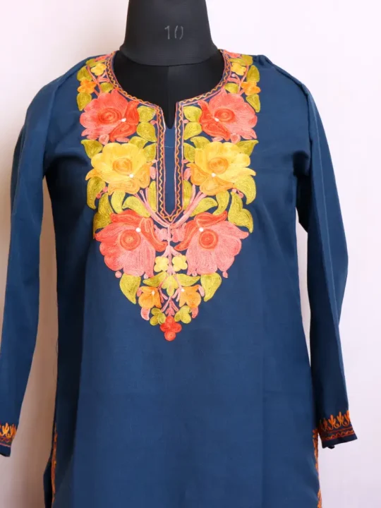 Stylish Kashmiri Summer Cool Big Neck Boothidar Royal Blue Long Kurta with Aari Work | Dalgate Collection