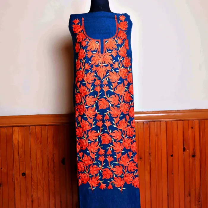 Royal Blue 2PC Kashmiri Cotton Dress Material With All over Chinari Work - Jheel Dal