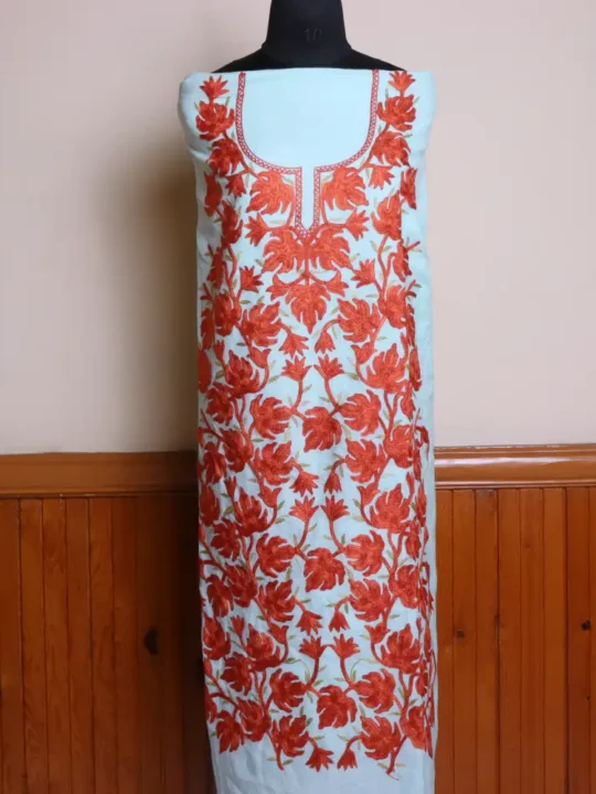 Blue 2PC Kashmiri Cotton Dress Material With All over Chinari Work - Jheel Dal