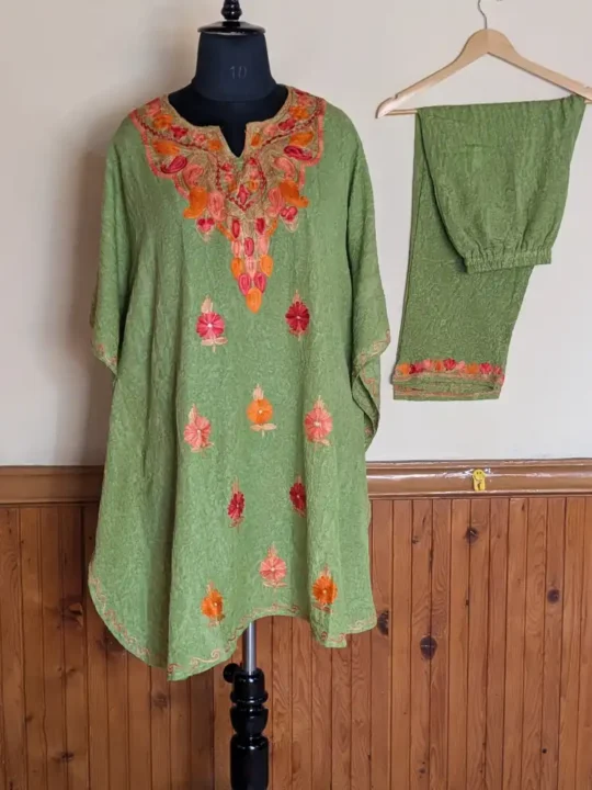 Lime Green Cotton Kaftan Set from Kashmir with Trouser - Nowhatta Collection
