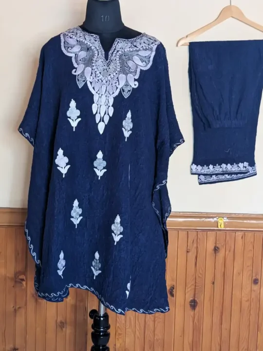 Dark Blue Cotton Kaftan Set from Kashmir with Trouser - Nowhatta Collection