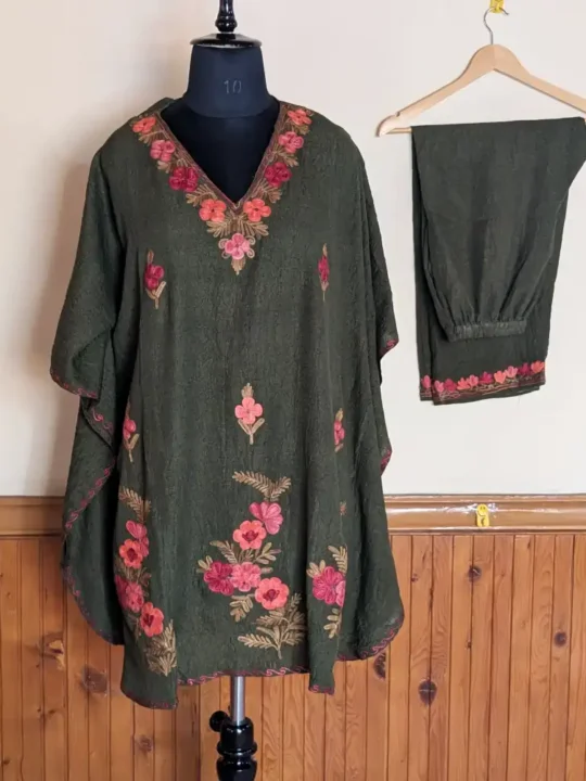 Olive Green Cotton Kaftan Set from Kashmir with Trouser - Nowhatta Collection