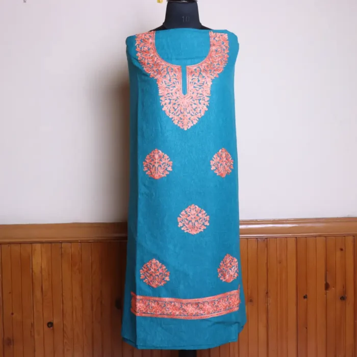 Kashmiri Blue Cotton 2PC Suit Fabric With Boothi Work - Jheel Dal