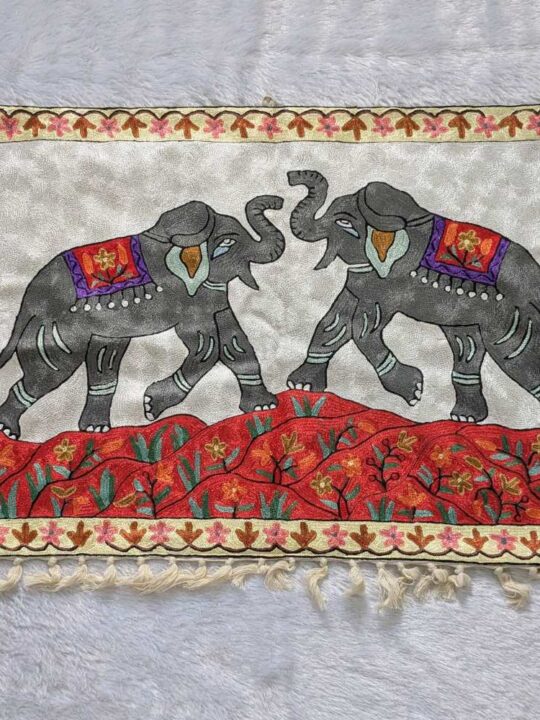 Luxurious Texture Silk Chain Stitch Two Elephant Motif Wall Hanging (3x2 ft)