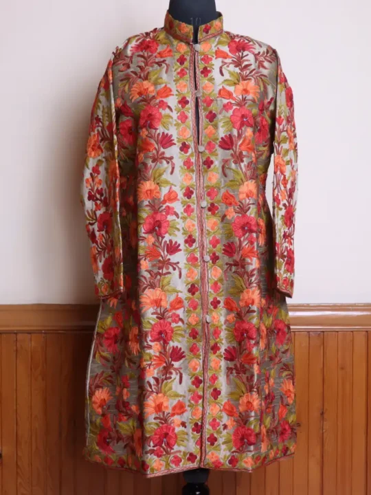 Grey Long Women Kashmiri Silk Coat/Jacket With Front Back Aari Embroidery - Riza  Collection