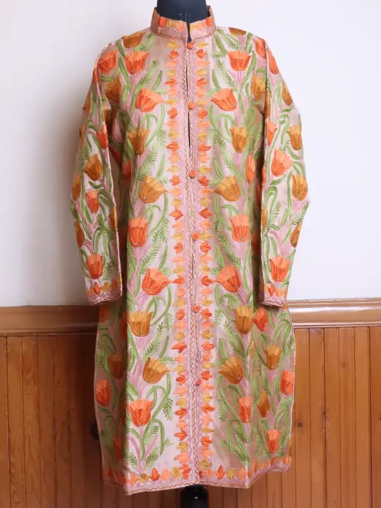 Pink Long Women Kashmiri Silk Coat/Jacket With Front Back Aari Embroidery - Riza  Collection