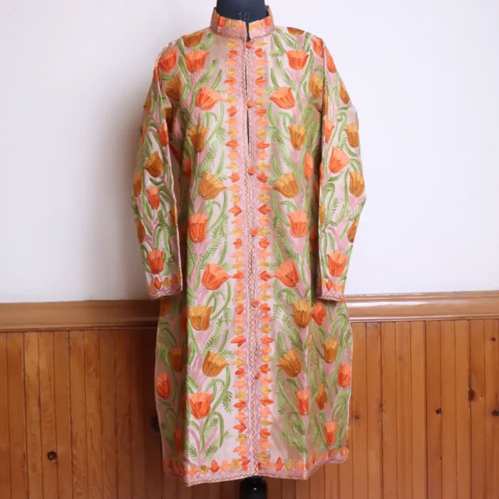 Pink Long Women Kashmiri Silk Coat/Jacket With Front Back Aari Embroidery - Riza  Collection