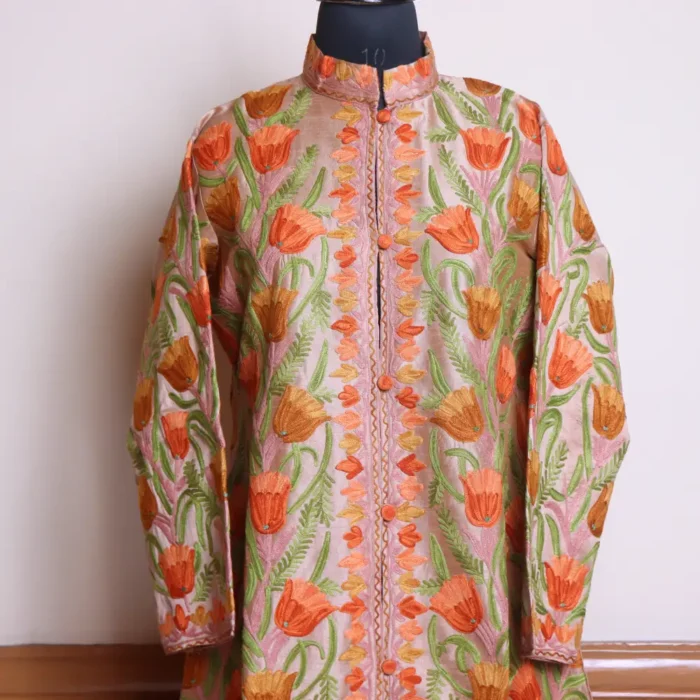 Pink Long Women Kashmiri Silk Coat/Jacket With Front Back Aari Embroidery - Riza  Collection - Image 2