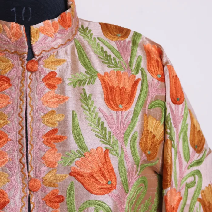 Pink Long Women Kashmiri Silk Coat/Jacket With Front Back Aari Embroidery - Riza  Collection - Image 3