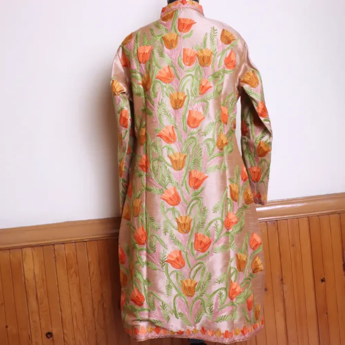 Pink Long Women Kashmiri Silk Coat/Jacket With Front Back Aari Embroidery - Riza  Collection - Image 4