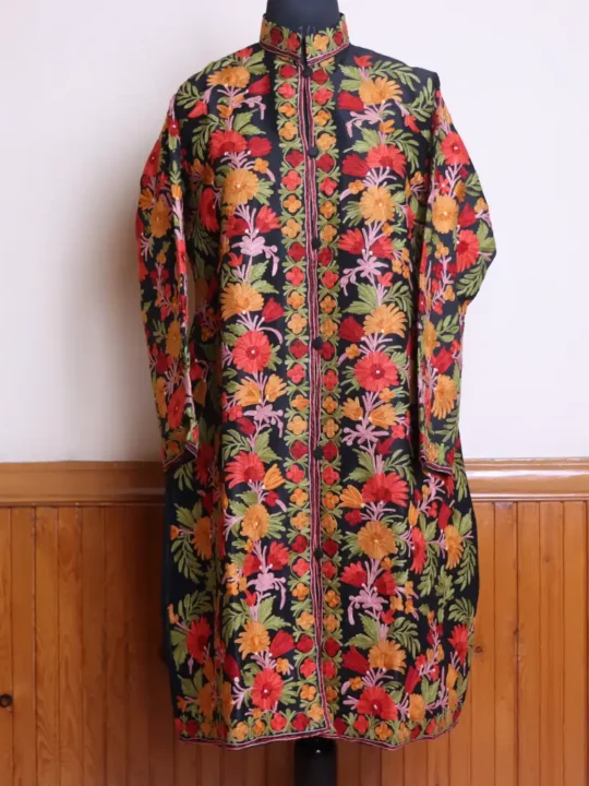 Long Beautiful Black Women Kashmiri Silk Coat/Jacket With Front Back Aari Embroidery - Riza  Collection
